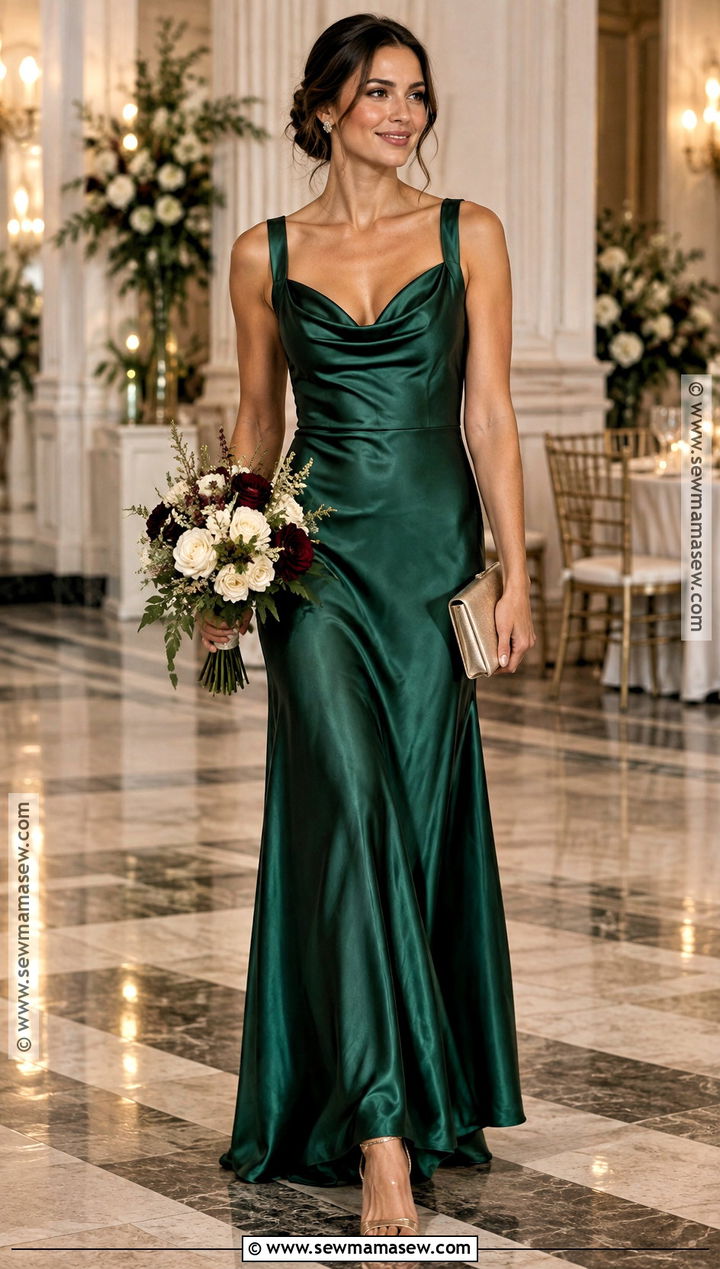 Emerald Green Satin Cowl Neck Bridesmaid Dress - 15 fall wedding bridesmaid dresses green