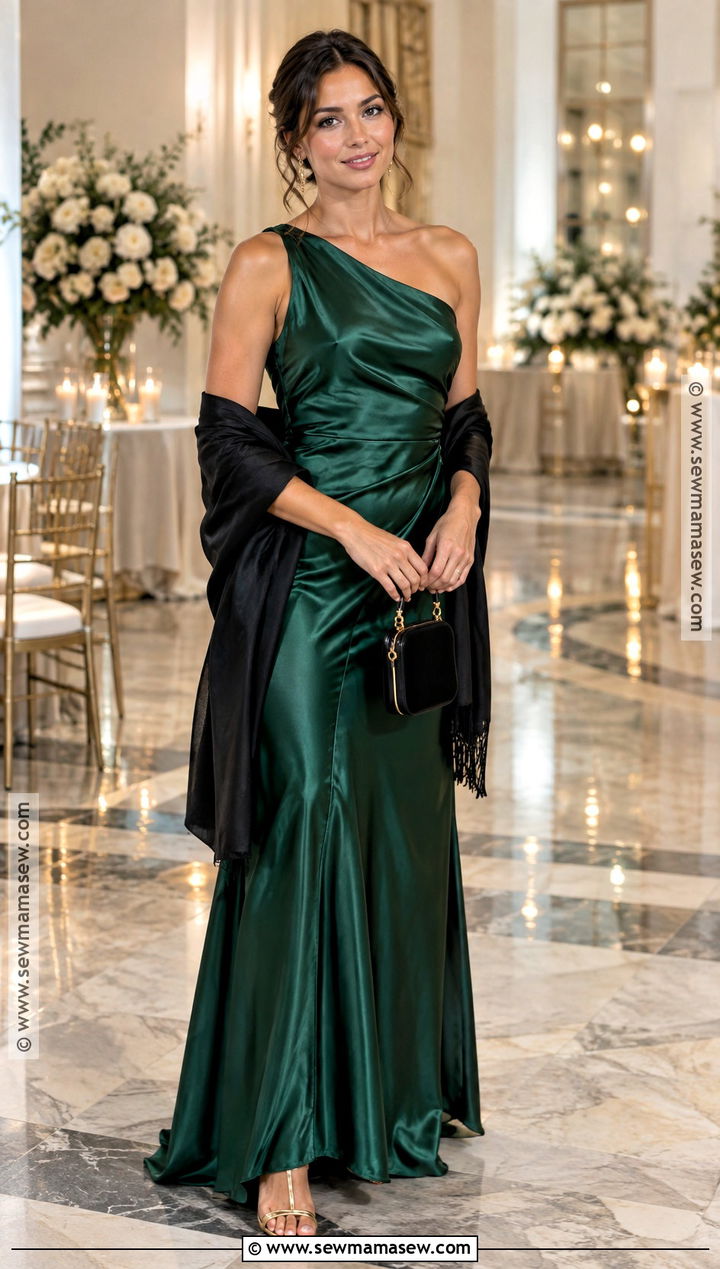 Emerald Green Satin Gown Outfit - 15 Black Tie Optional Wedding Guest Dress Fall Ideas