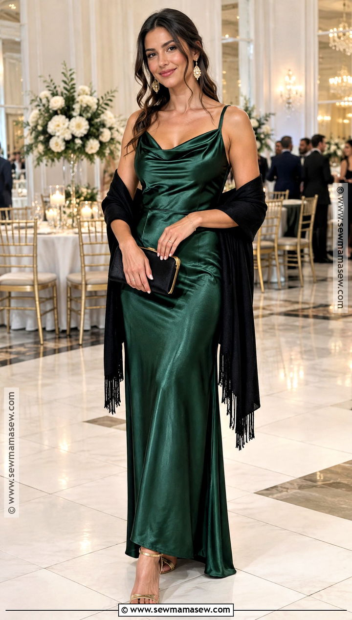 Emerald Green Satin Maxi Dress Wedding Outfit - 15 fall wedding style ideas