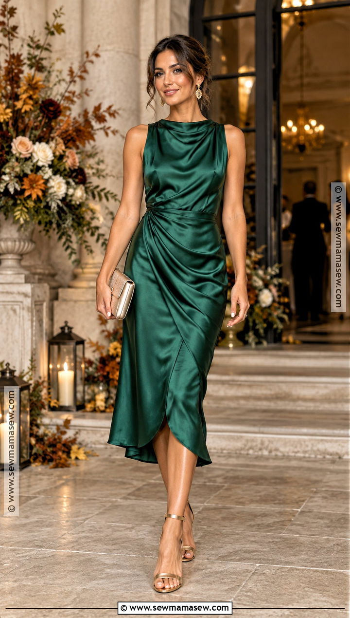 Emerald Green Satin Midi Dress - 15 Green Fall Wedding Guest Dress Ideas