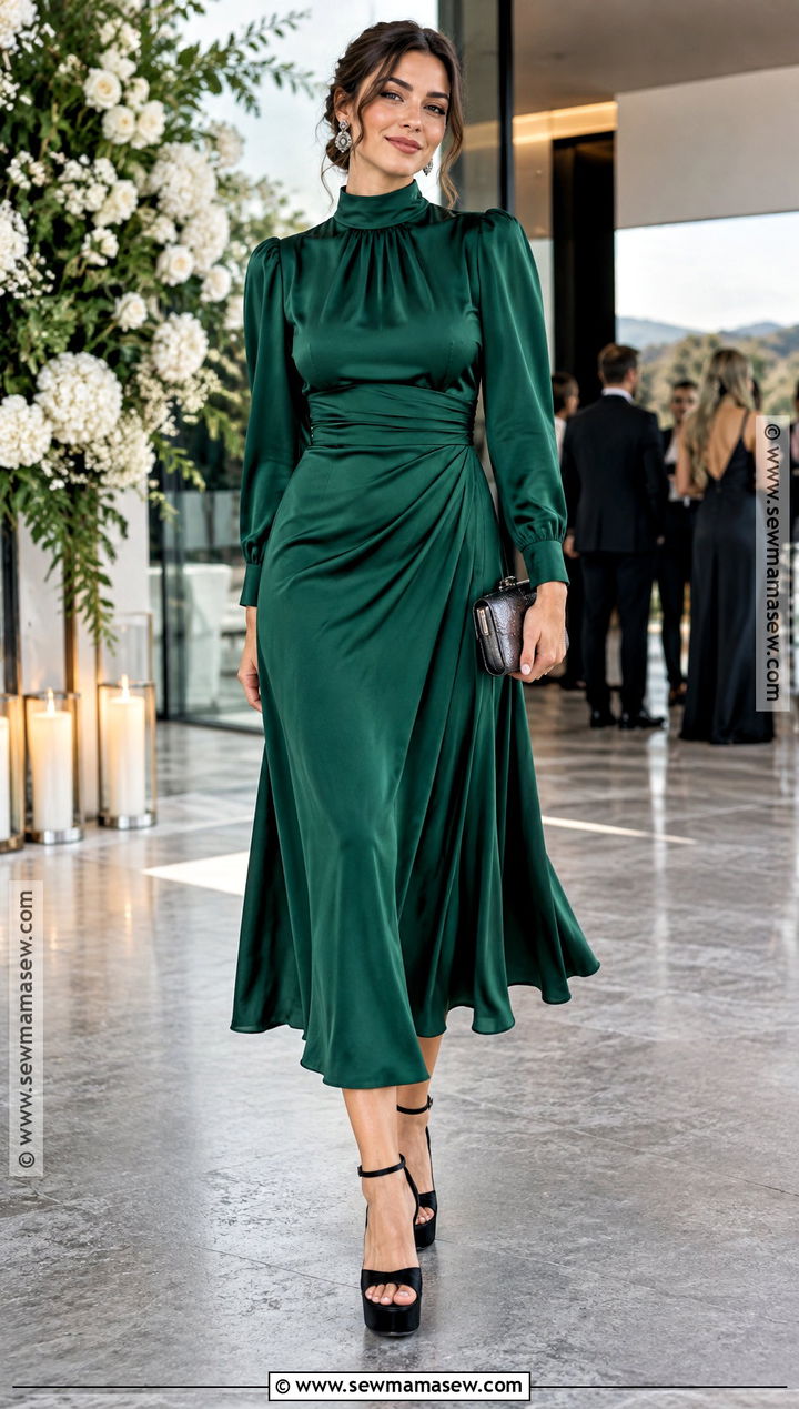 Emerald High Neck Fall Wedding Guest Dress - 15 fall wedding guest dress edgy ideas
