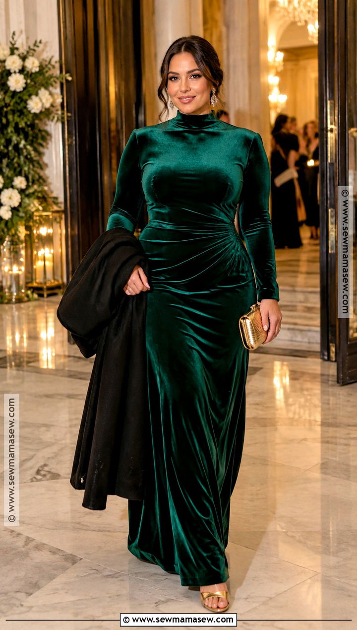 Emerald High Neck Velvet Maxi Dress - 15 fall wedding guest dress high neck ideas