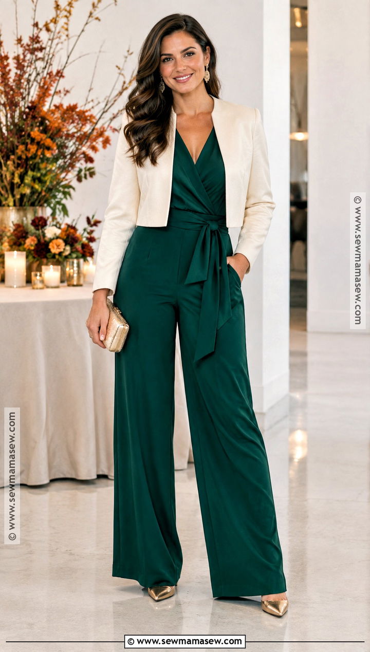 Emerald Jumpsuit and Gold Heels Fall Outfit - 15 festive fall outfits