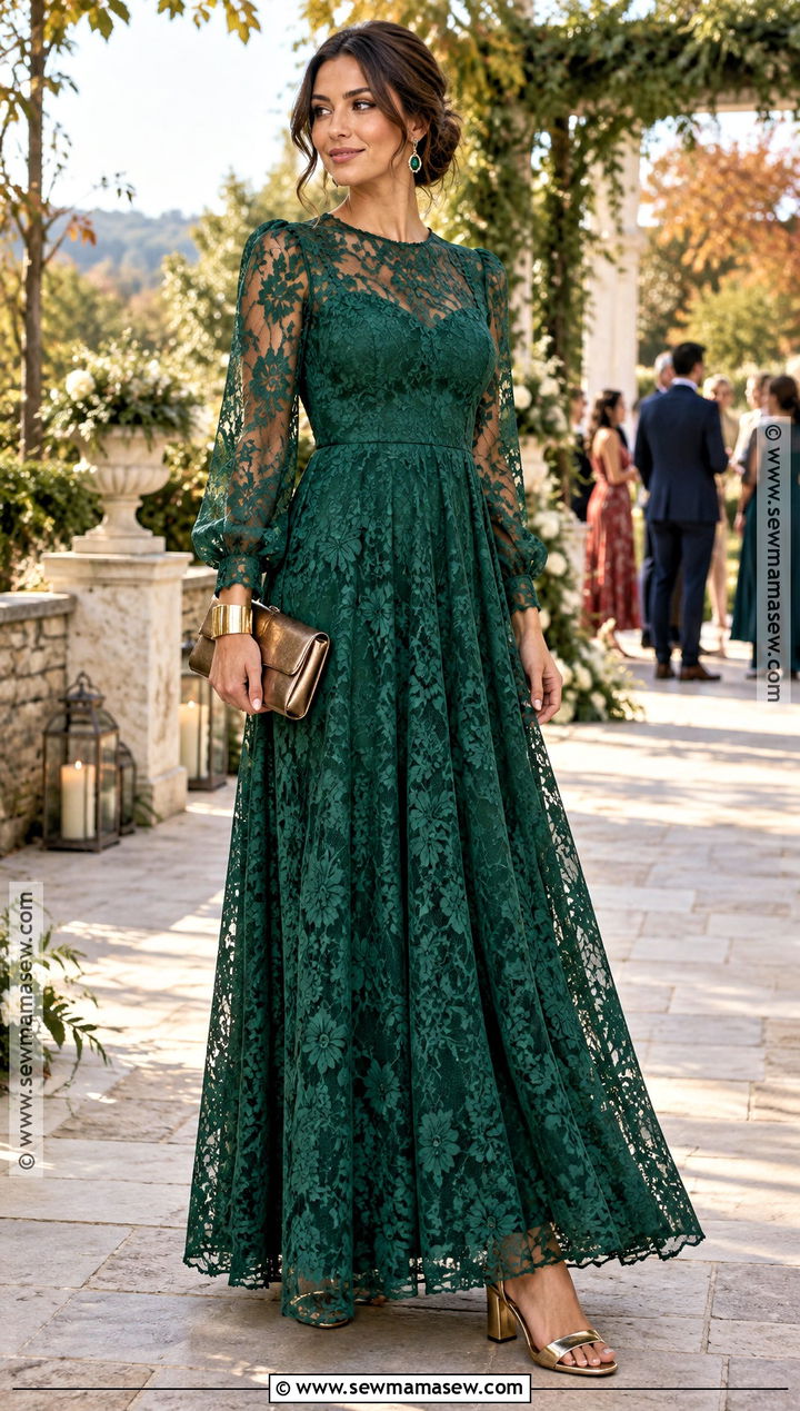 Emerald Lace Maxi Dress With Gold Sandals - 15 boho wedding guest dress fall ideas