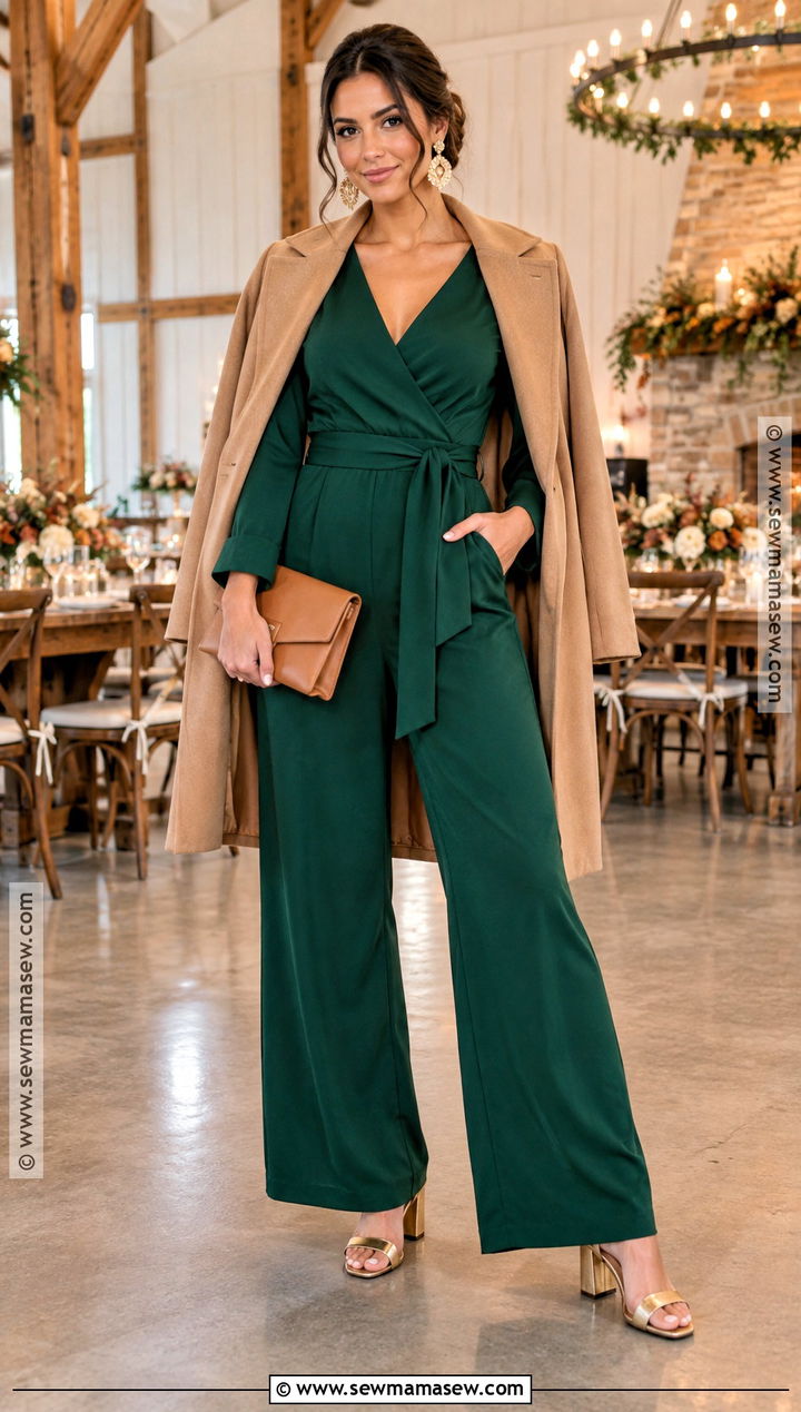 Emerald Long Sleeve Jumpsuit Outfit - 15 fall rustic wedding guest outfit ideas