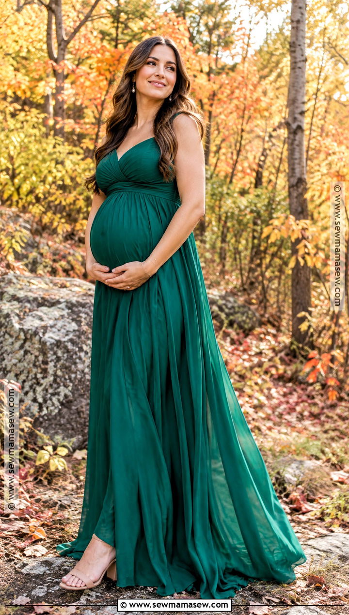 Emerald Maternity Gown With Nude Heels - 15 maternity photo outfits fall