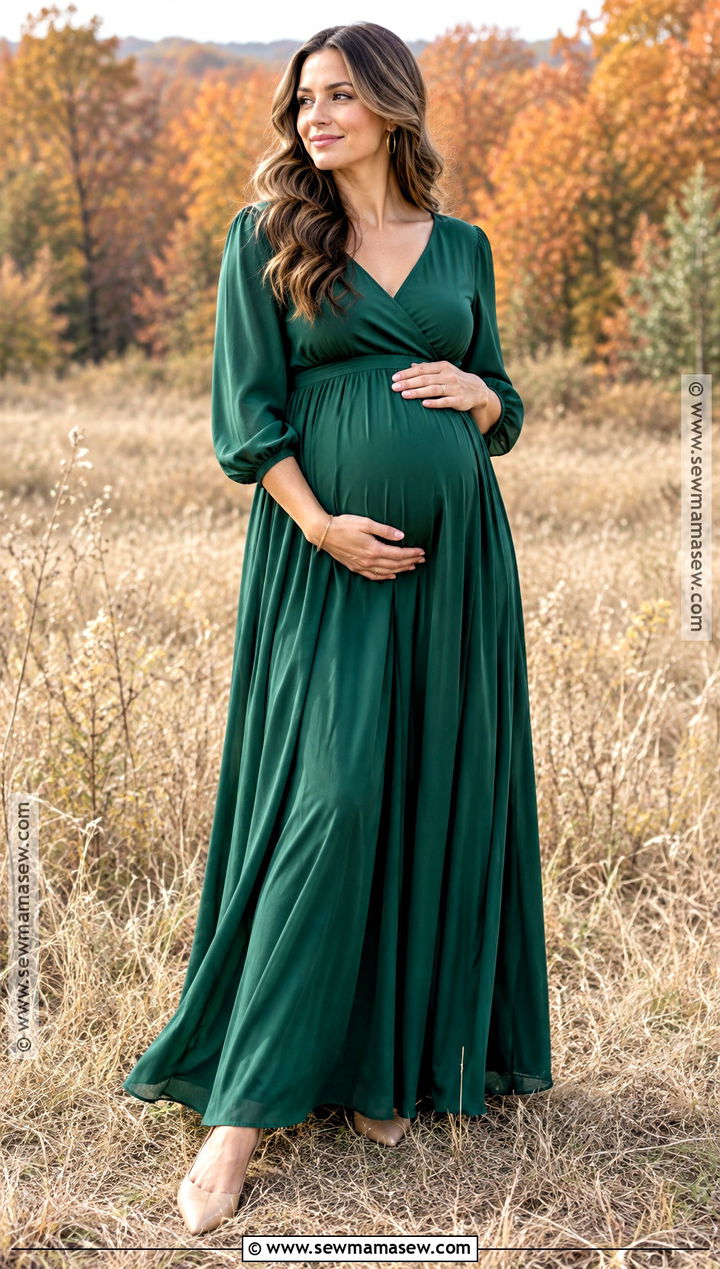 Emerald Maternity Maxi Dress With Gold Accessories - 20 Fall Maternity Photoshoot Outfits