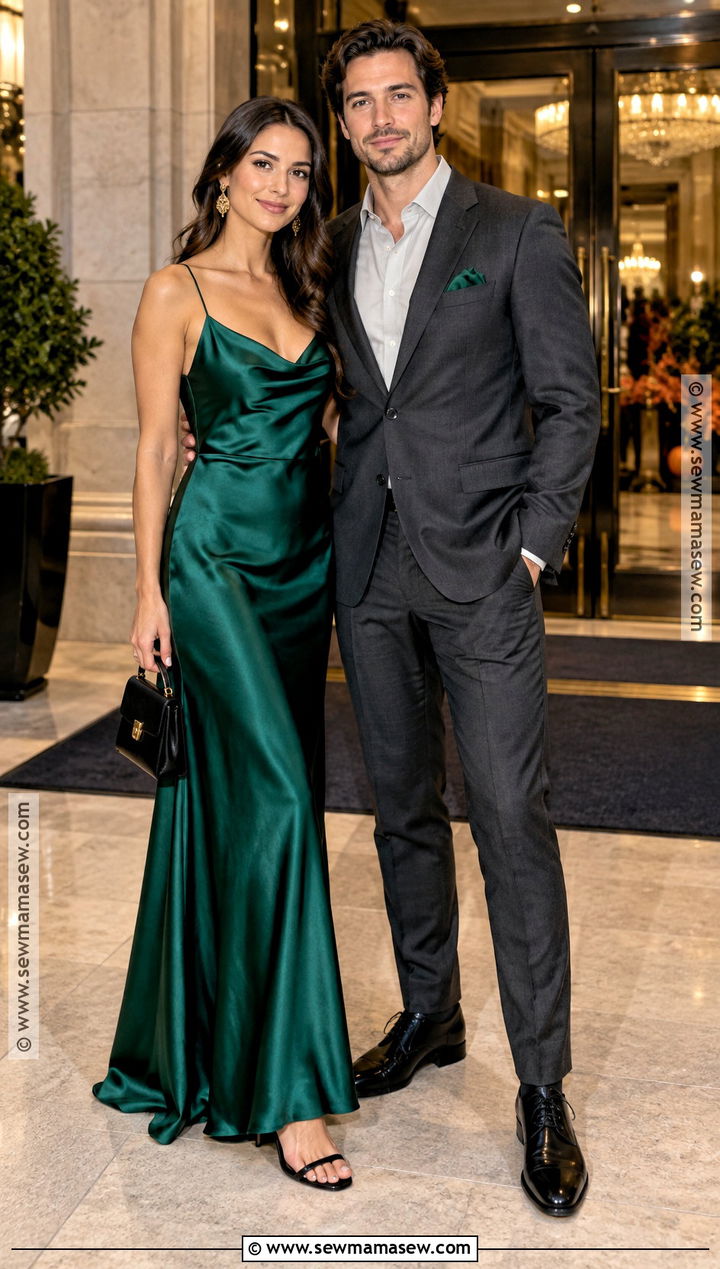 Emerald Maxi Dress And Charcoal Suit Fall Wedding Guest Couple Outfit - 15 Wedding Guest Couple Outfit Fall Ideas