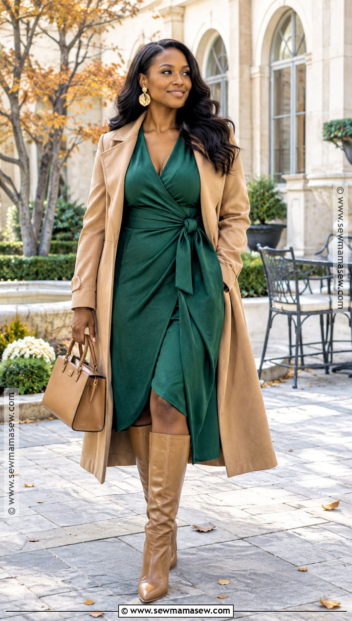 Emerald Midi Dress And Tan Boots Fall Outfit - 15 Fall Colors Outfits for Black Women
