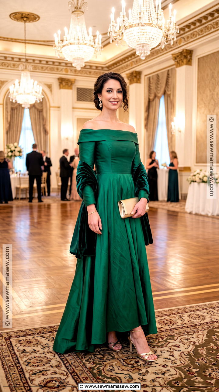 Emerald Off Shoulder Wedding Guest Gown - 20 early fall wedding guest dress ideas