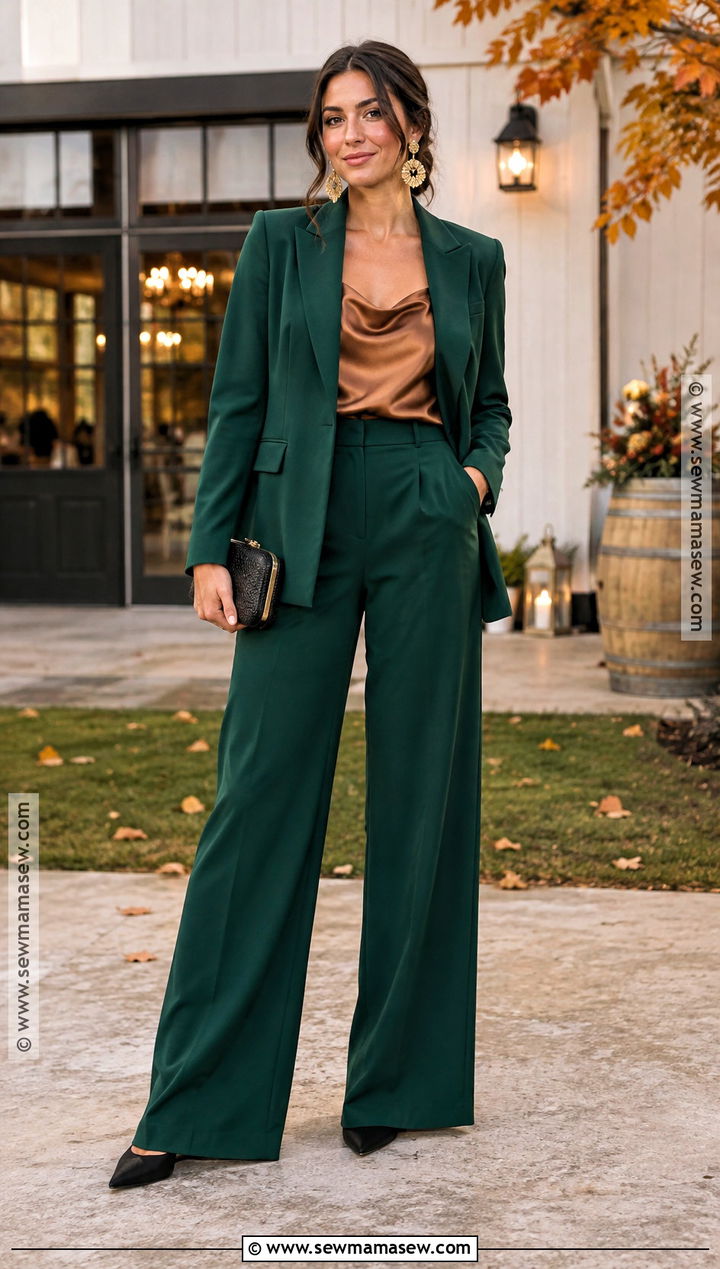 Emerald Pantsuit With A Satin Camisole - 20 Fall Farm Wedding Guest Attire Ideas