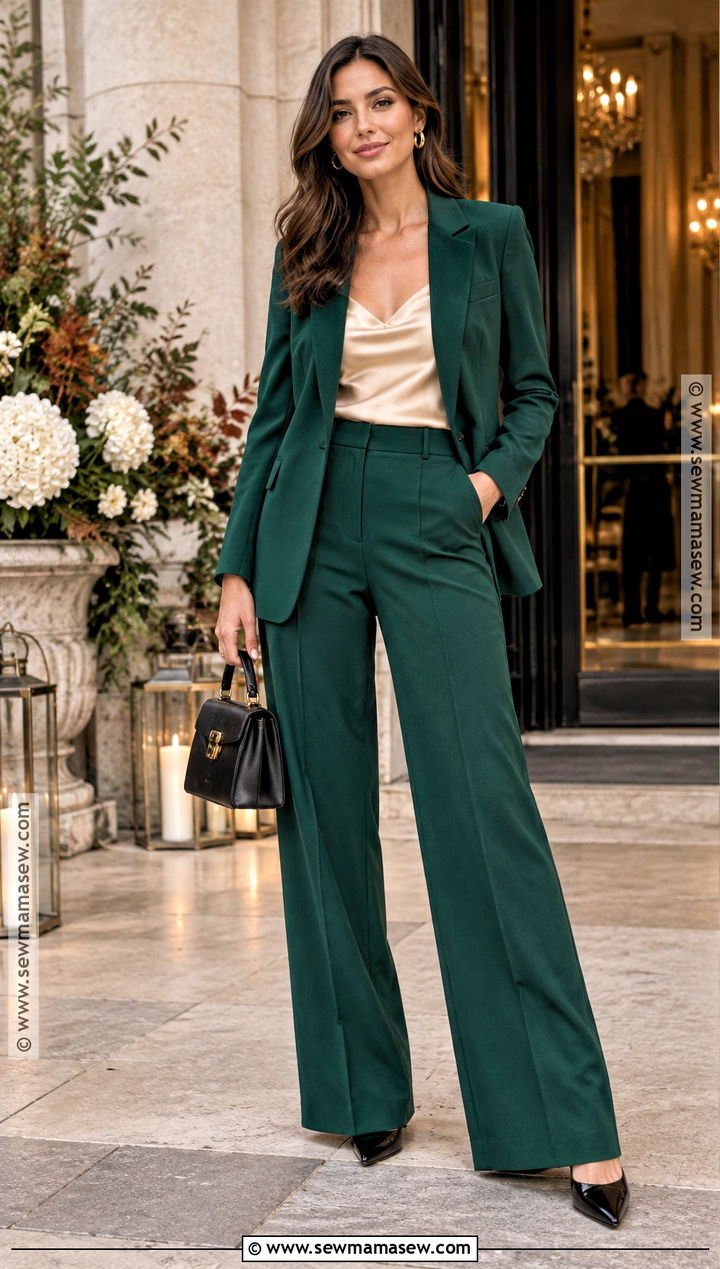 Emerald Pantsuit With Satin Camisole For October Wedding - 15 october wedding party attire ideas
