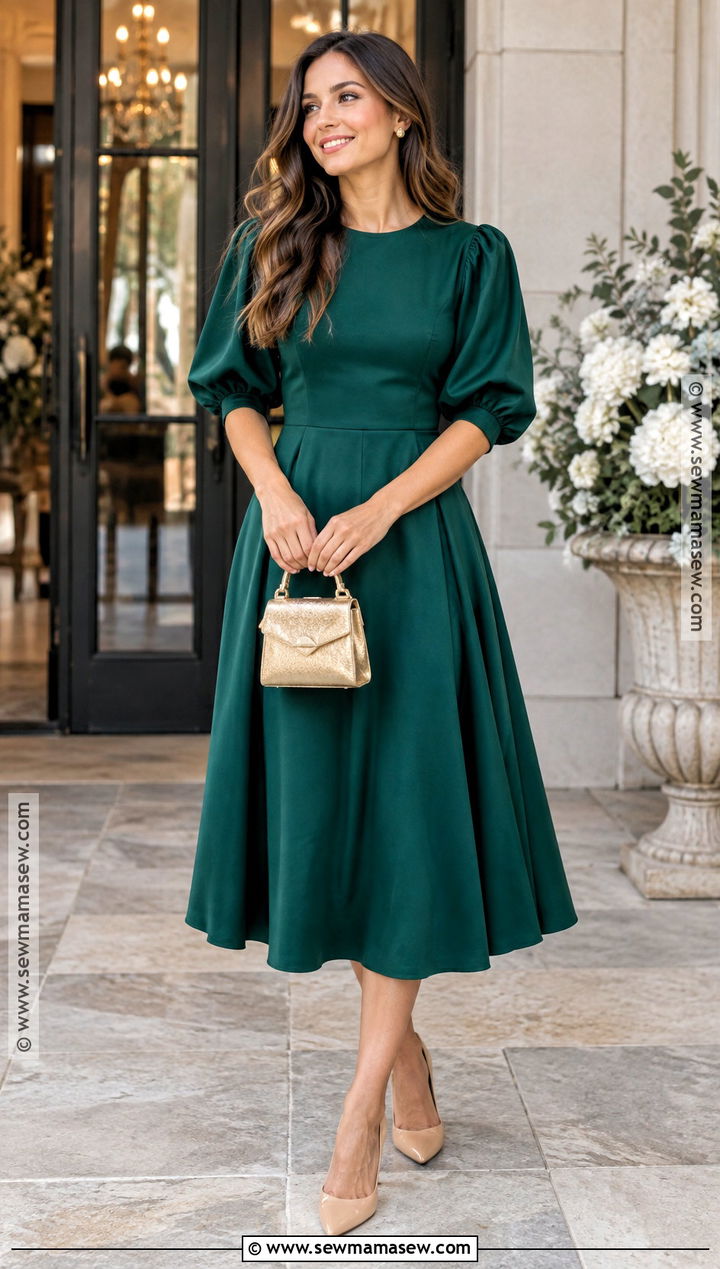 Emerald Puff Sleeve Midi Dress For A Fall Brunch Wedding - 15 fall brunch wedding guest dress ideas