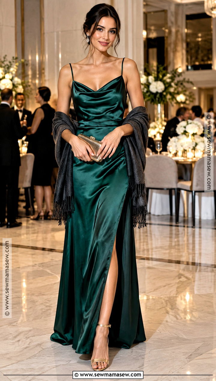 Emerald Satin Maxi Dress Autumn Wedding Guest Outfit - 15 Autumn Wedding Attire Guest Ideas
