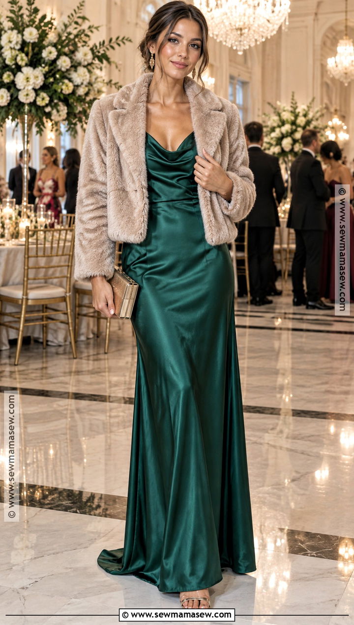 Emerald Satin Maxi Dress For Fall Wedding Guest - 15 fall outfits for wedding guest
