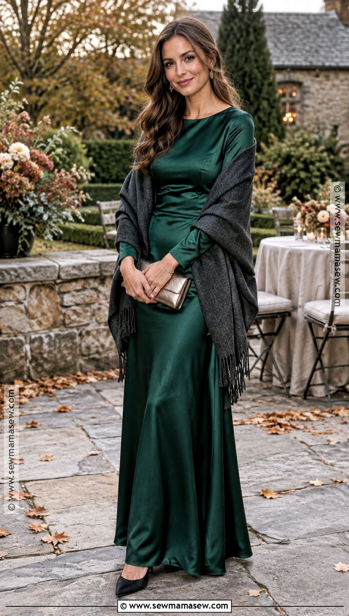 Emerald Satin Maxi Dress With Cashmere Wrap - 15 november outdoor wedding guest outfit ideas