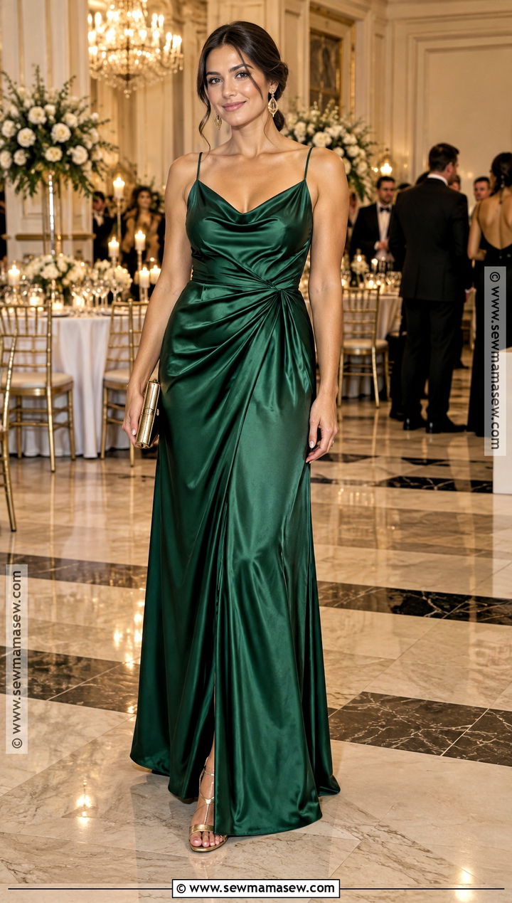 Emerald Satin Maxi Dress - 15 fall wedding party dress ideas