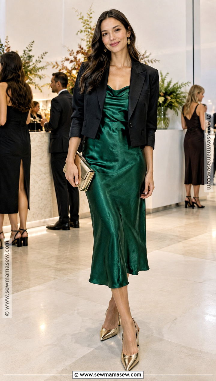 Emerald Satin Midi Dress Outfit - 20 autumn cocktail outfit ideas