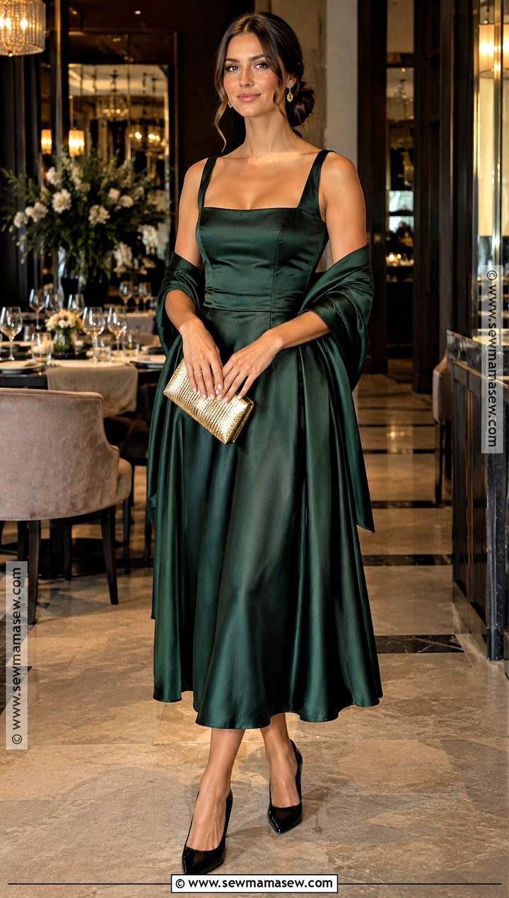 Emerald Satin Midi Fall Wedding Guest Dress - 25 fall wedding guest dress october formal ideas