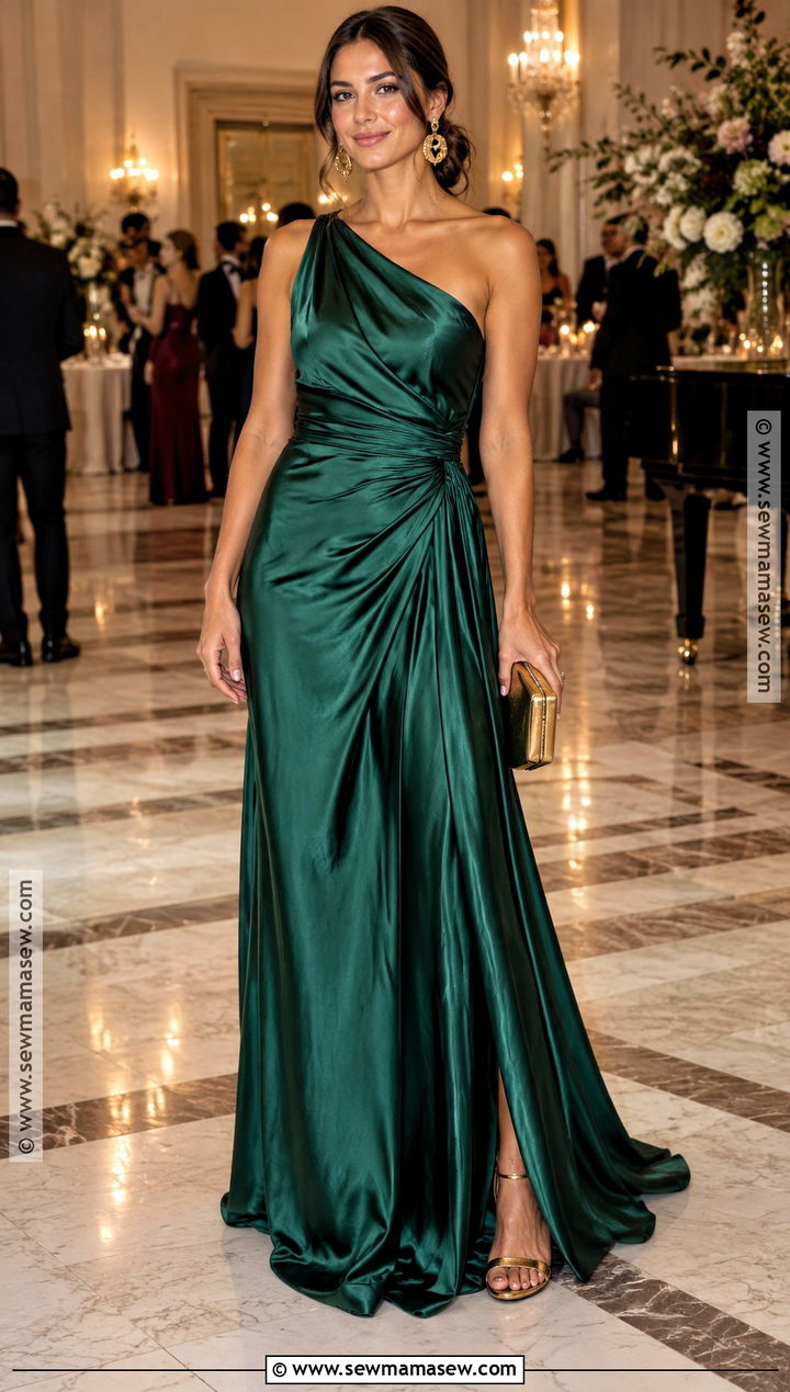 Emerald Satin One Shoulder Gown - 25 black tie wedding guest dress fall ideas