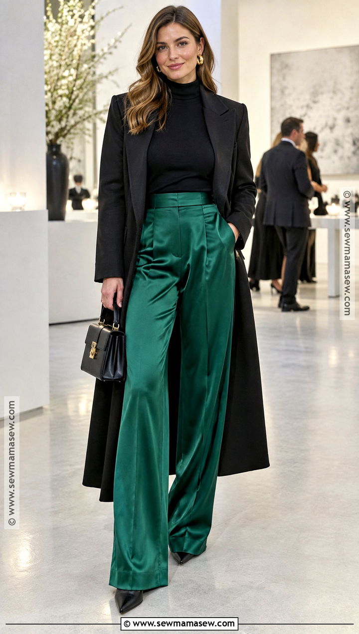 Emerald Satin Pants With Black Knit Top - 20 satin pants fall outfit