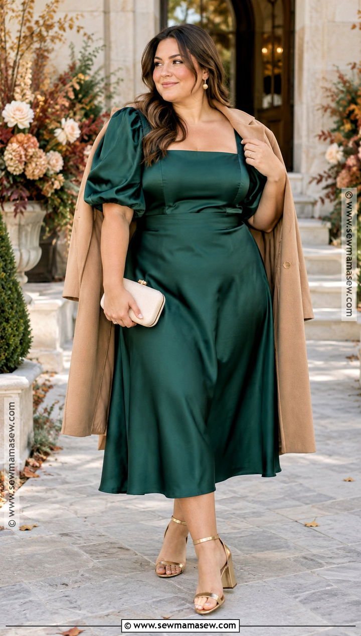Emerald Satin Puff Sleeve Fall Wedding Guest Dress - 25 fall wedding guest dress ideas for plus size