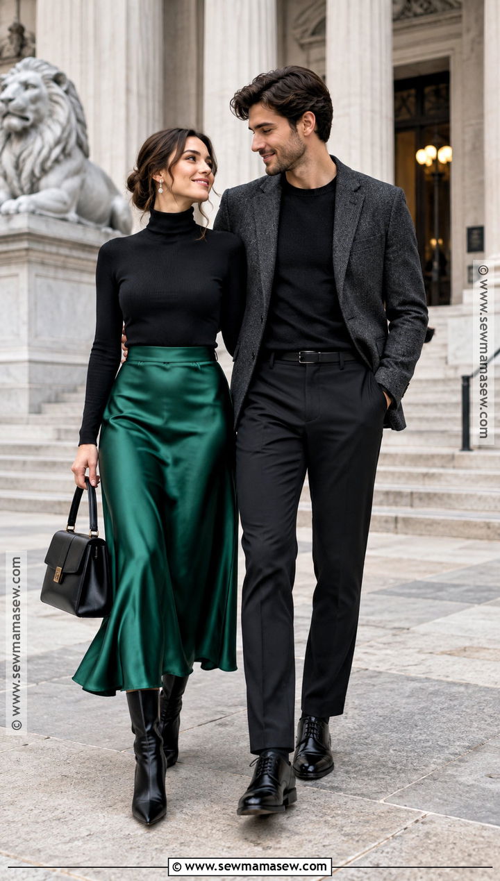 Emerald Satin Skirt Fall Engagement Outfit - 15 engagement session outfits fall