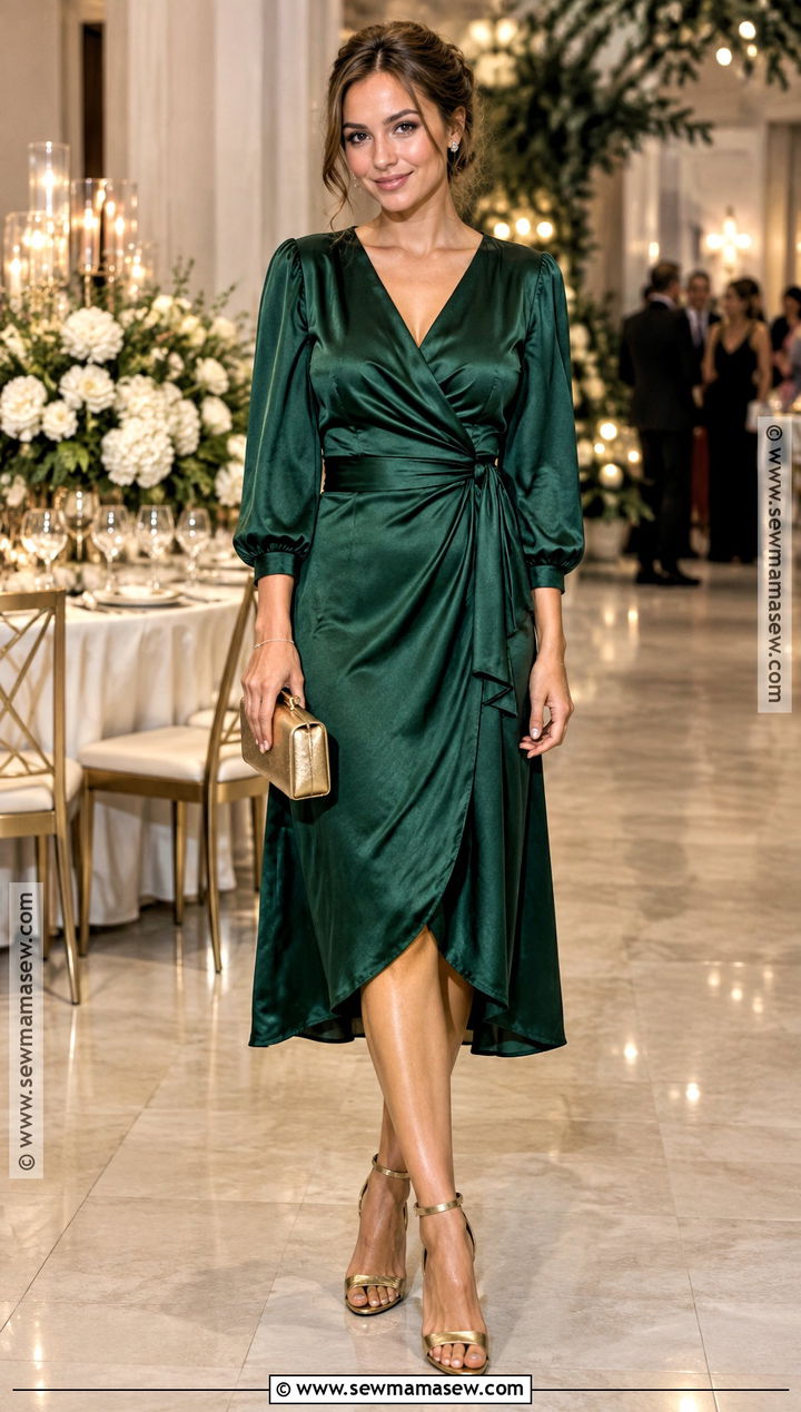 Emerald Satin Wrap Dress Outfit - 15 formal cocktail dress wedding guest fall ideas