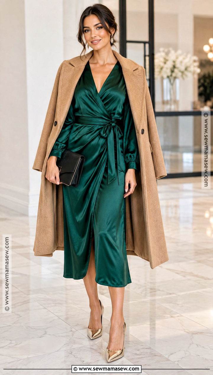 Emerald Satin Wrap Dress Outfit - 15 fall wedding guest cocktail attire ideas