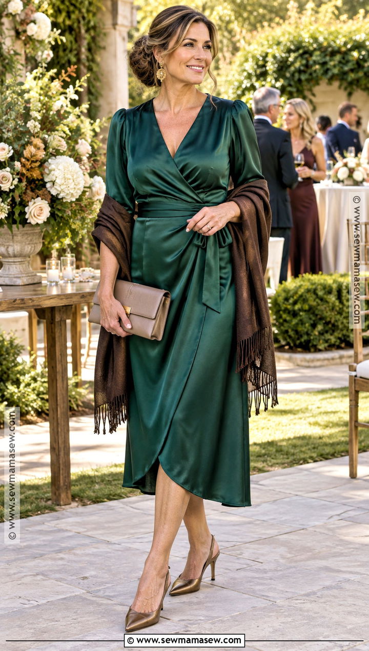 Emerald Satin Wrap Mother of the Groom Midi Dress - 15 fall mother of the groom dresses