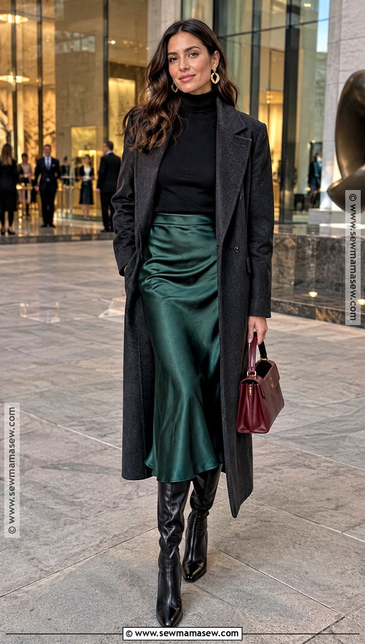 Emerald Silk Skirt With Long Wool Coat - 20 silk skirt outfit fall ideas