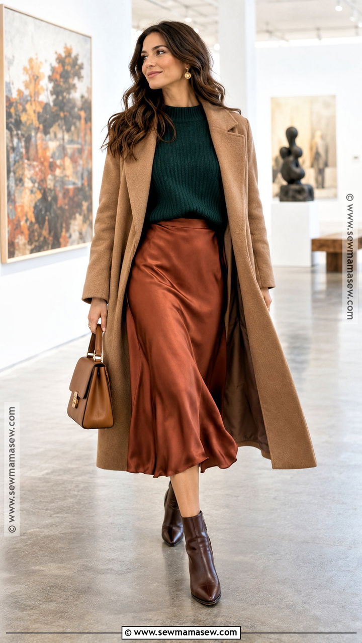 Emerald Sweater and Rust Satin Skirt Outfit - 20 Bright Autumn Outfits