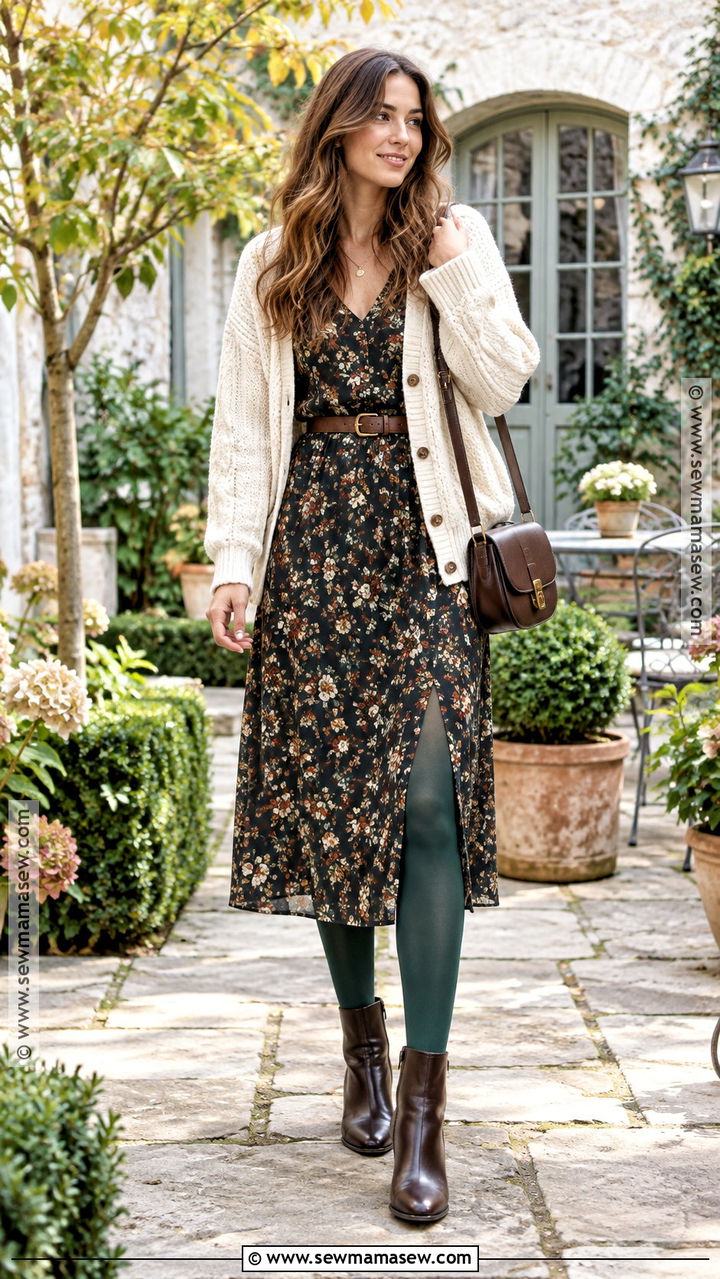 Emerald Tights With Floral Midi Dress And Cardigan - 20 Colored Tights Outfit Autumn Ideas