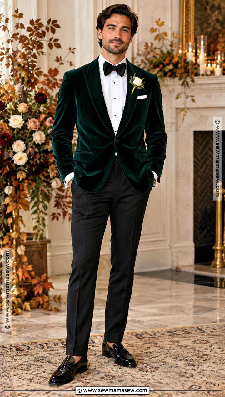 Emerald Velvet Dinner Jacket Groom Outfit - 15 groom style fall wedding ideas
