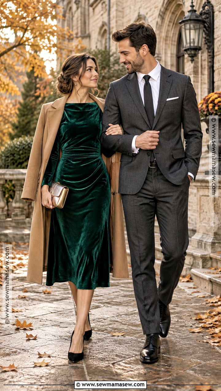 Emerald Velvet Dress And Heels Engagement Outfit - 15 engagement pictures outfits fall