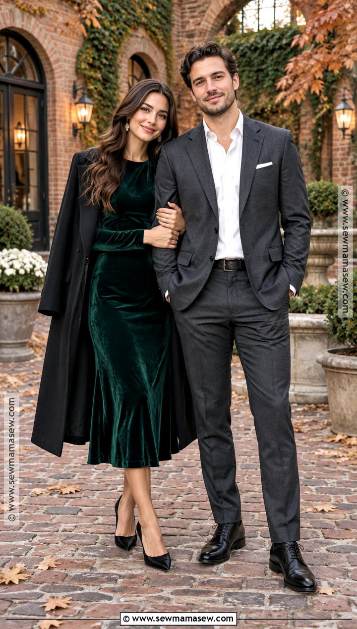 Emerald Velvet Dress Engagement Photo Outfit - 15 engagement photo fall outfits