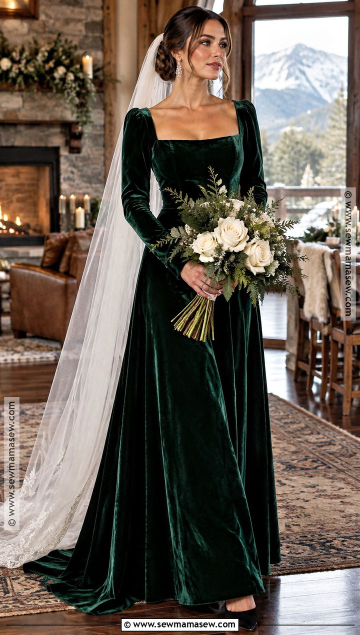 Emerald Velvet Fall Wedding Dress - 20 fall color wedding dress ideas