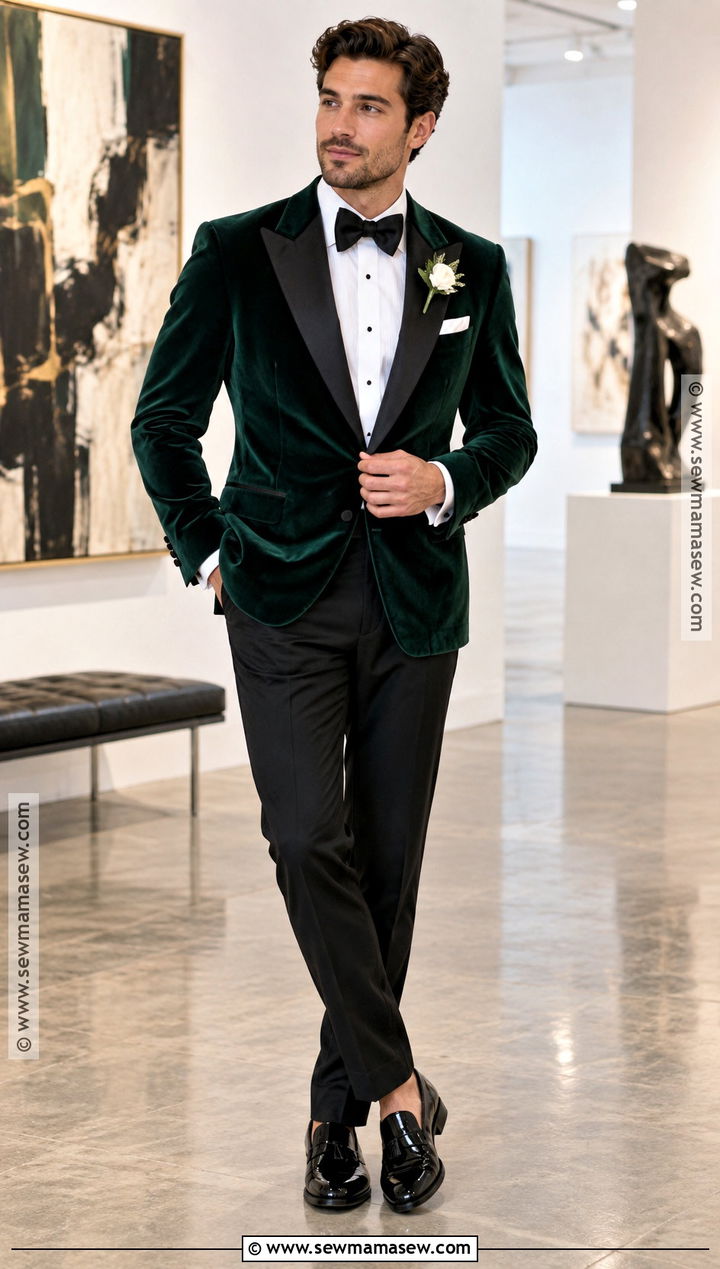 Emerald Velvet Groom Jacket With Black Trousers - 20 fall groom attire ideas