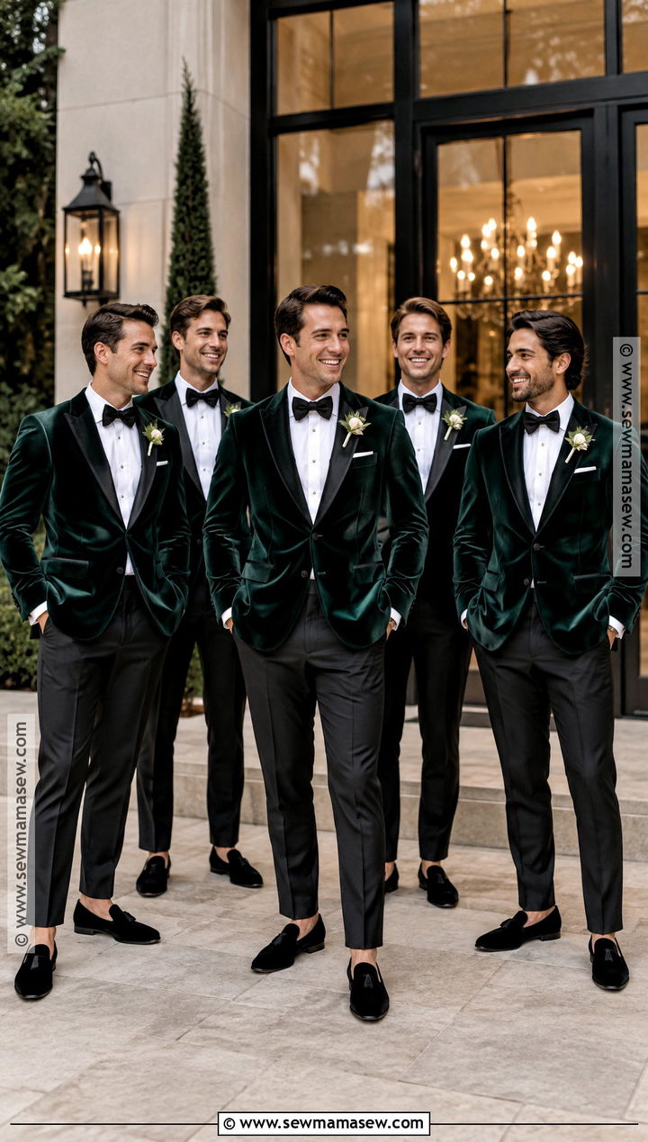 Emerald Velvet Groomsmen Blazer With Black Trousers - 15 groomsmen attire for fall wedding ideas