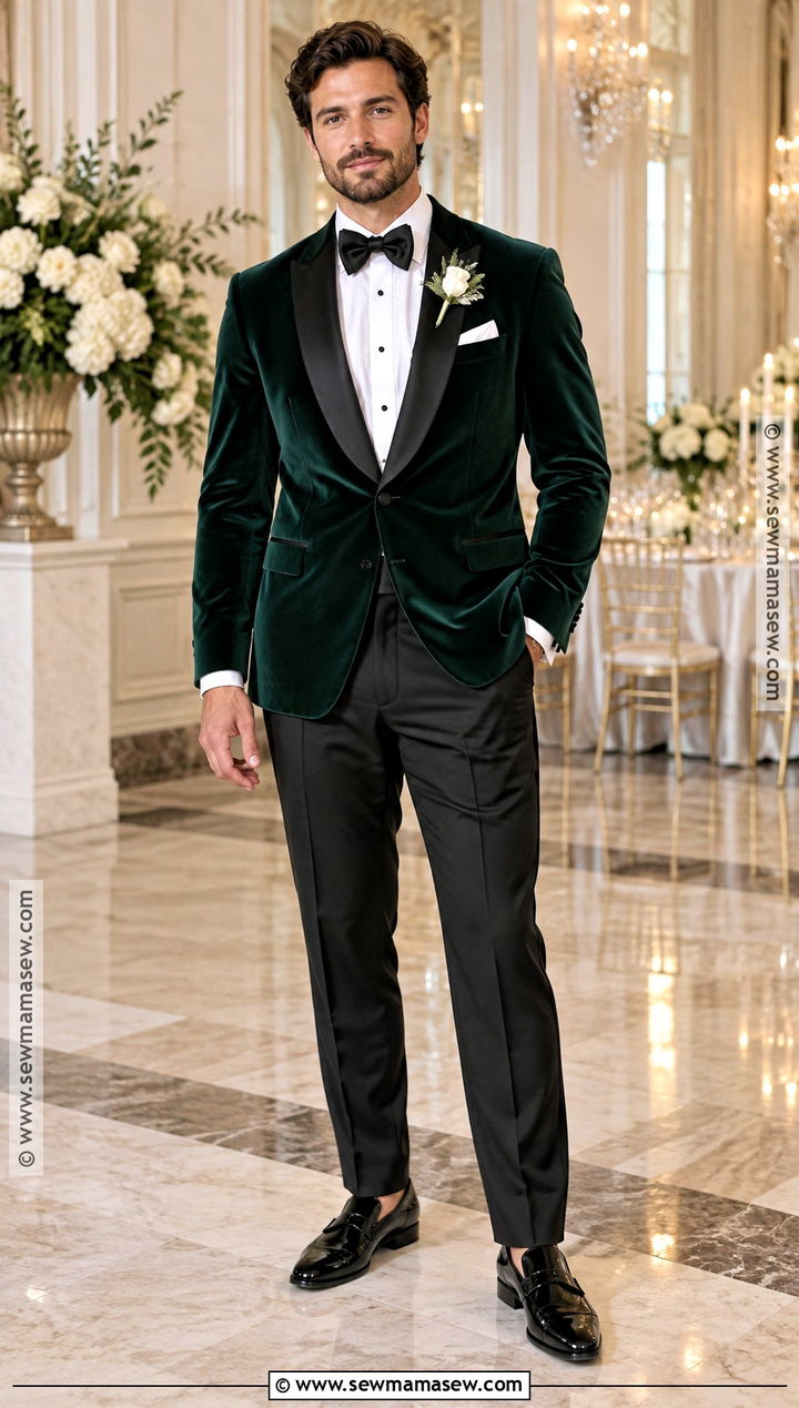 Emerald Velvet Jacket With Black Trousers - 20 fall wedding suits groom attire ideas