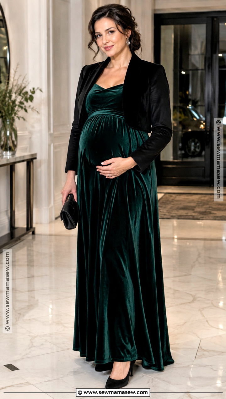 Emerald Velvet Maternity Maxi Dress Outfit - 15 dressy maternity outfits fall