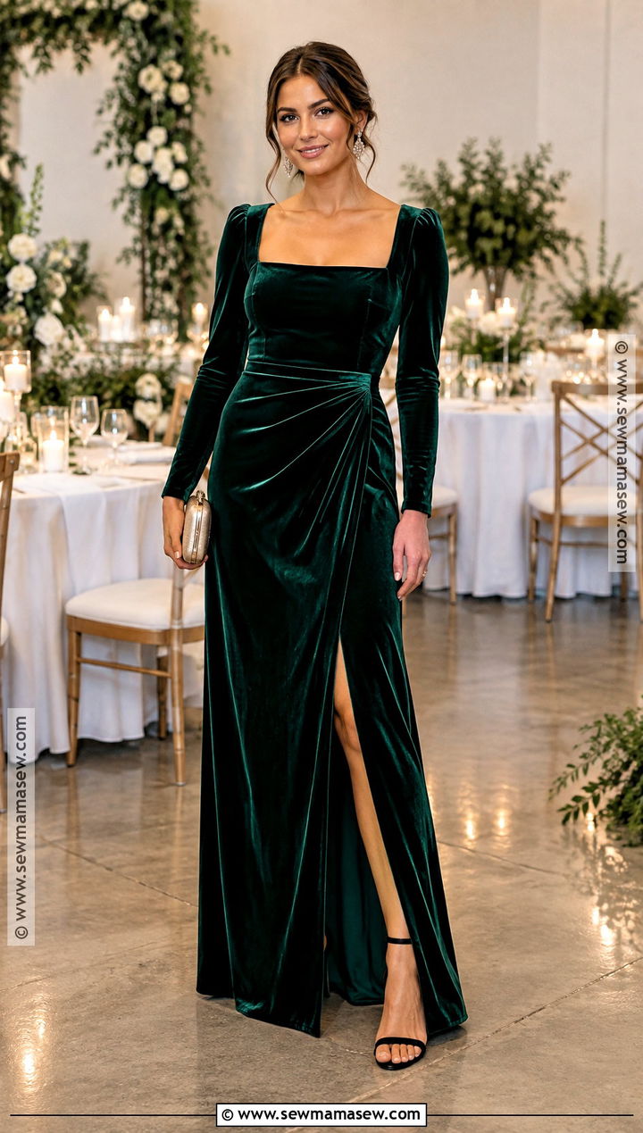 Emerald Velvet Maxi Dress - 15 dress for wedding guest fall ideas