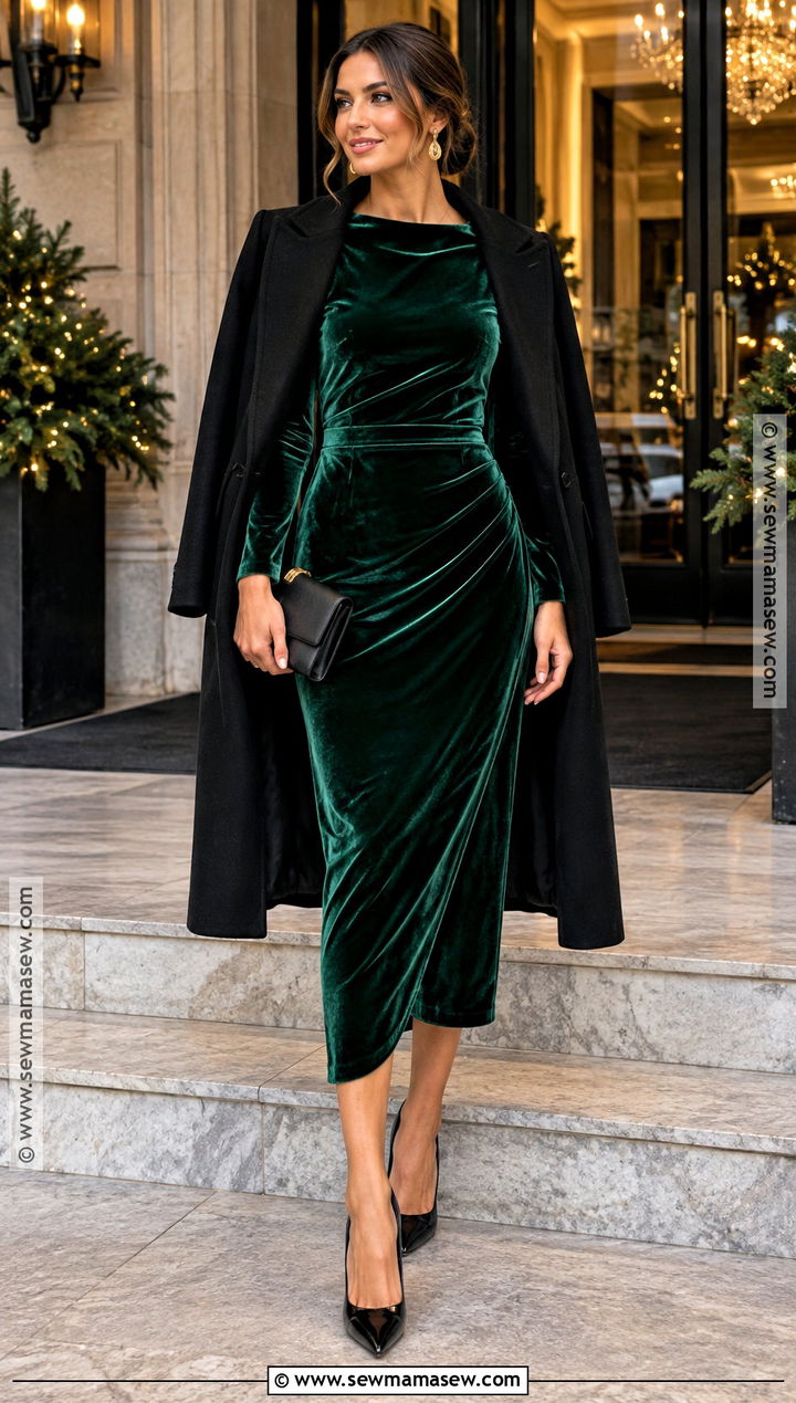 Emerald Velvet Midi Dress For A November Wedding - 25 november wedding guest outfits