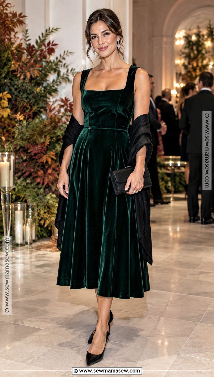 Emerald Velvet Midi Dress Outfit - 15 Fall Wedding Guest Midi Dress Ideas