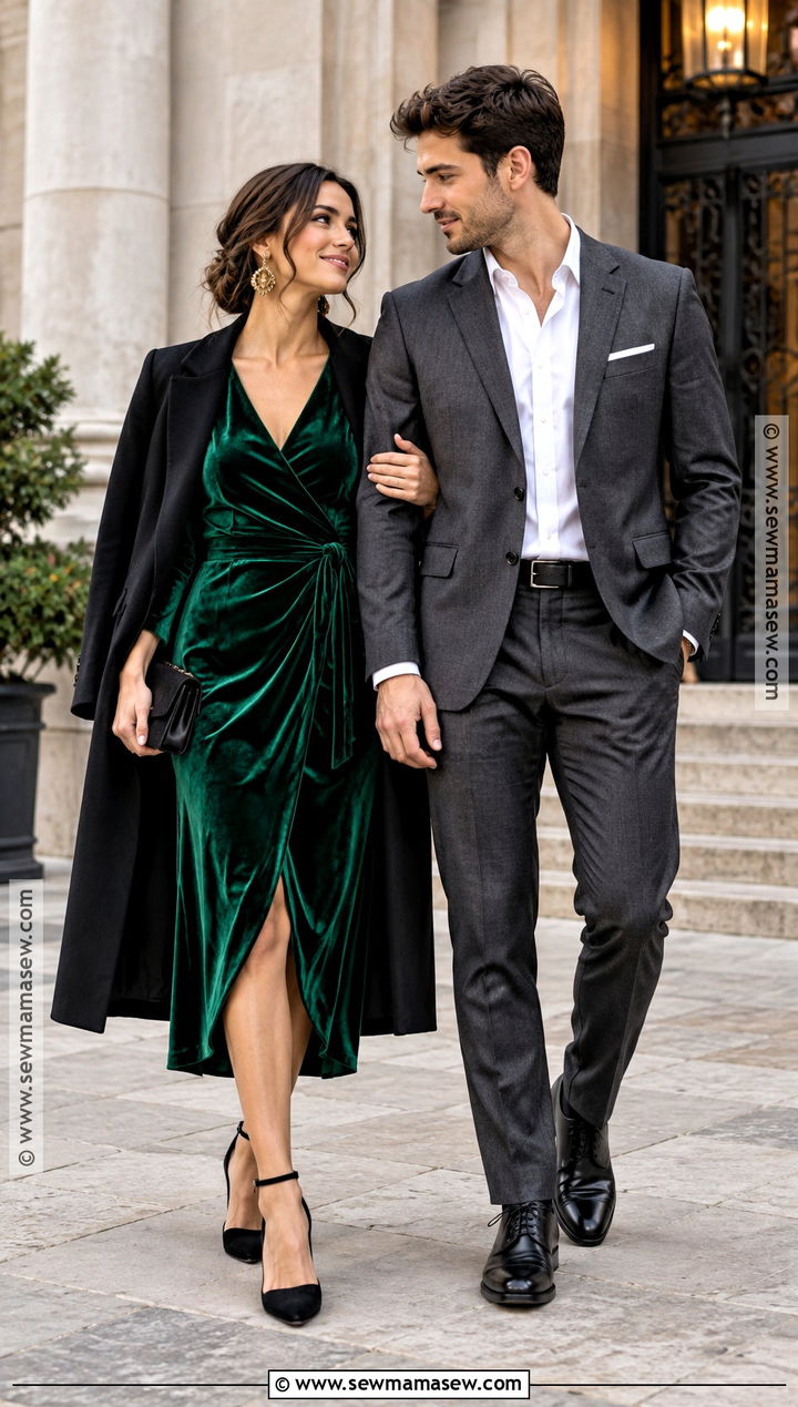 Emerald Velvet Midi Dress With Black Heels - 15 engagement photos outfits fall dresses