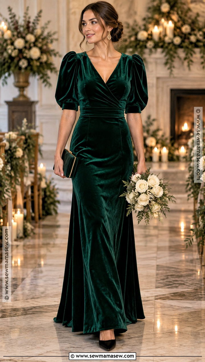 Emerald Velvet Puff Sleeve Bridesmaid Dress - 15 Fall Bridesmaid Dresses With Sleeves