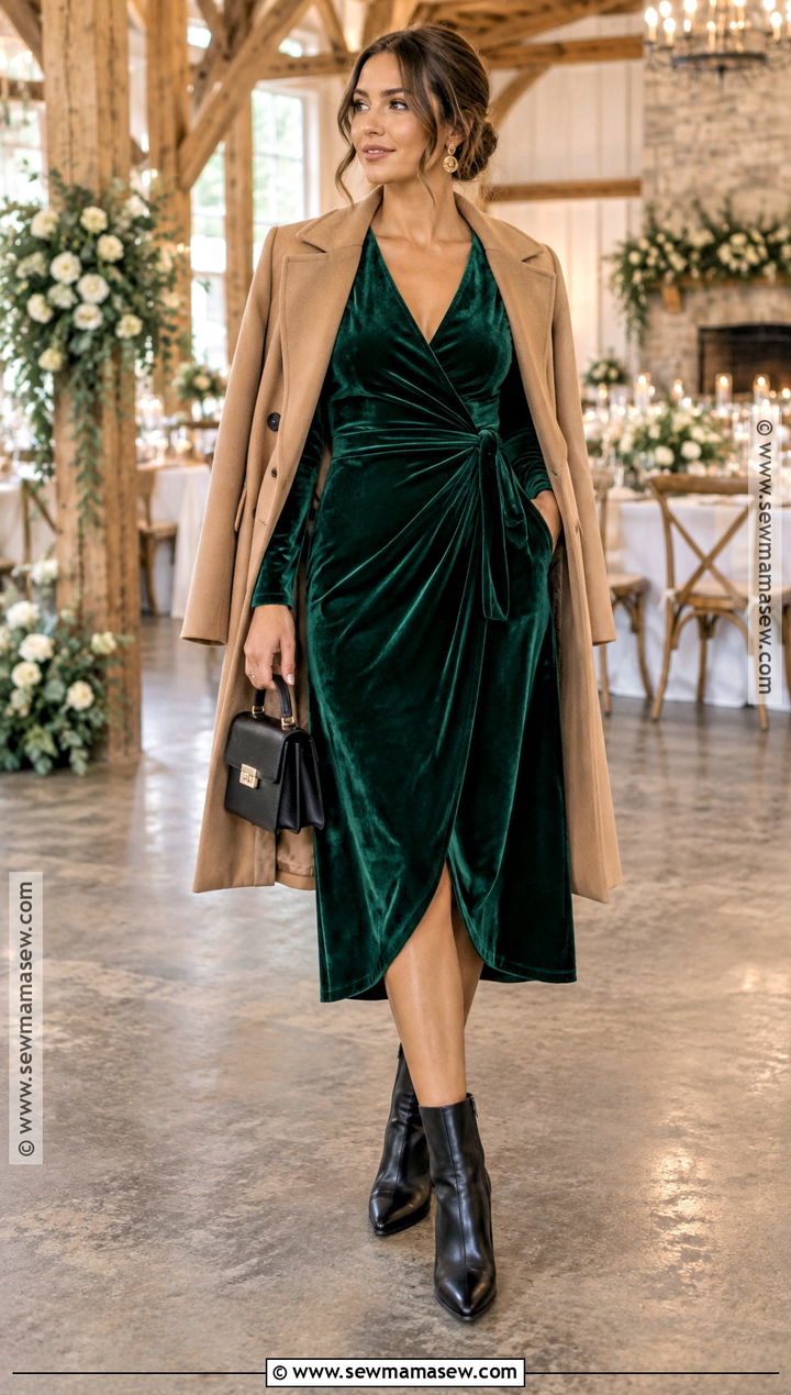 Emerald Velvet Wrap Dress Country Wedding Guest Outfit - 15 country fall wedding outfit guest ideas
