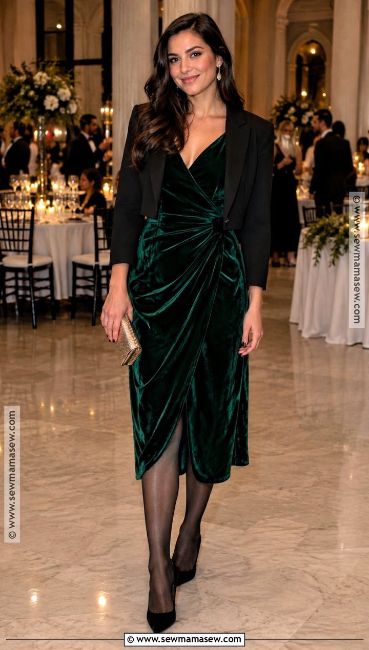Emerald Velvet Wrap Dress for a Fall Semi Formal Wedding - 20 fall semi formal wedding attire ideas