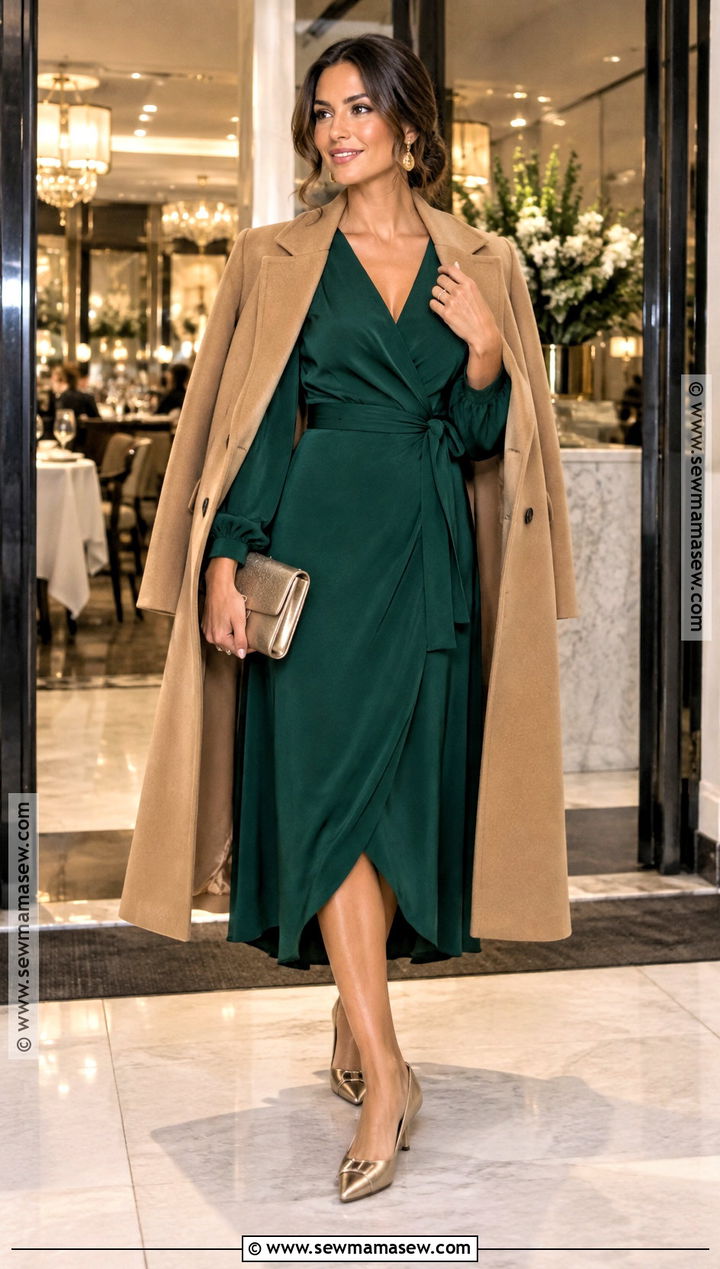 Emerald Wrap Dress Fall Dinner Outfit - 20 fall dinner outfit dressy ideas