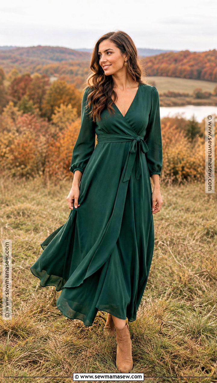 Emerald Wrap Maxi Dress And Tan Boots For Fall Family Photos - 20 Fall Dress For Family Photos Ideas